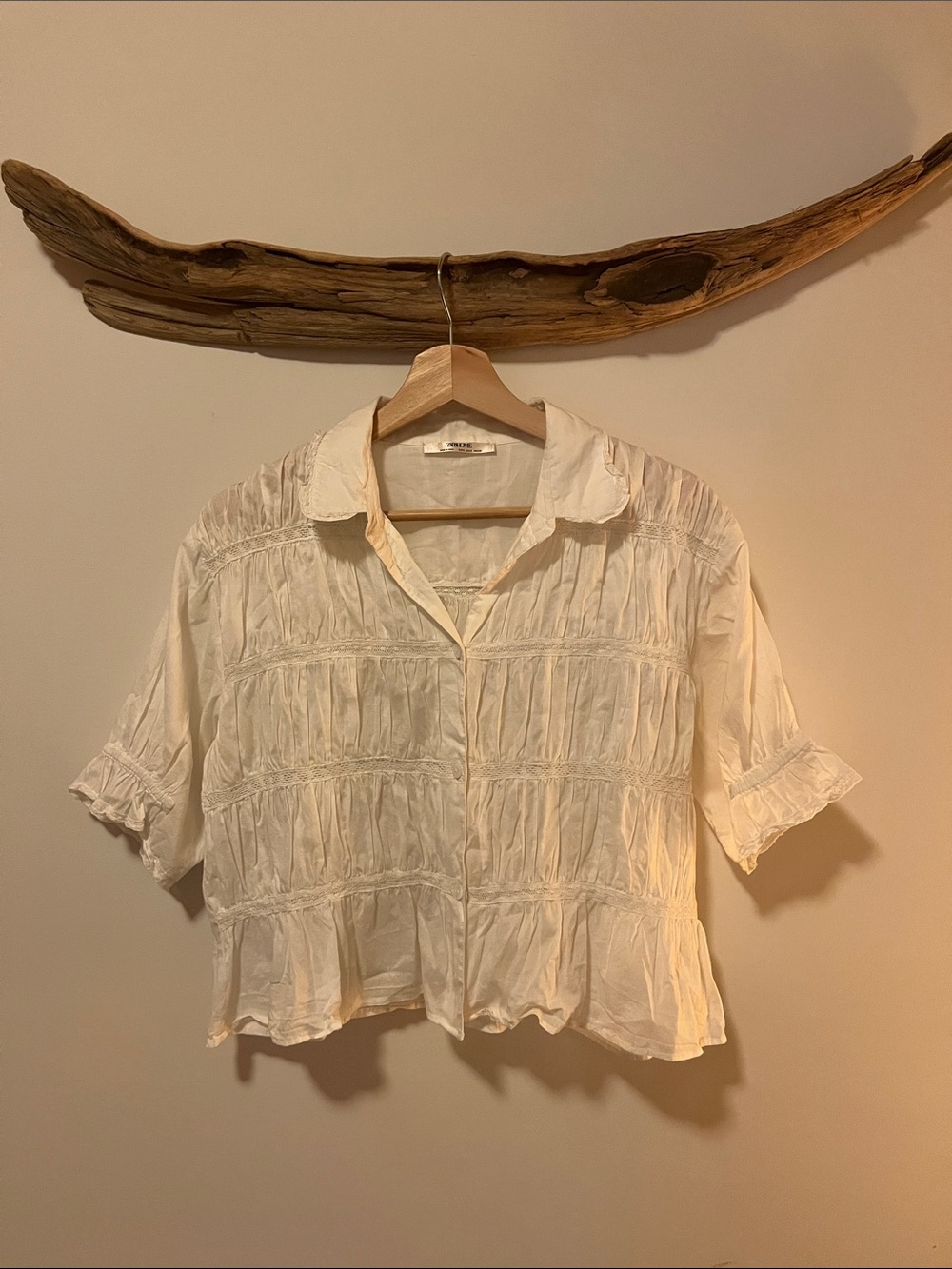 Zara Cotton Cream Smocked Cropped Button-Front Blouse